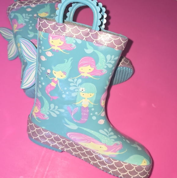 Mermaid Wellies Gray Fleece Lined Rain Boots w/easy-on handles ✨️ Trim, 9/10 - Picture 8 of 15
